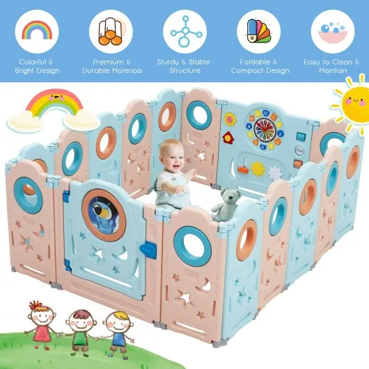 16-Panel Foldable Baby Safety Play Yard Playpen with Lockable Gate