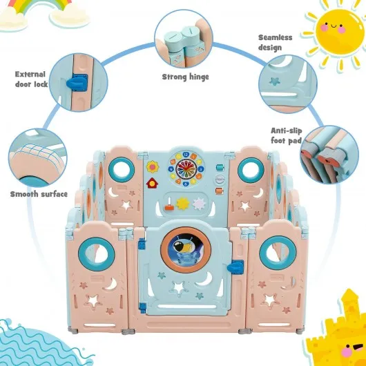 16-Panel Foldable Baby Safety Play Yard Playpen with Lockable Gate