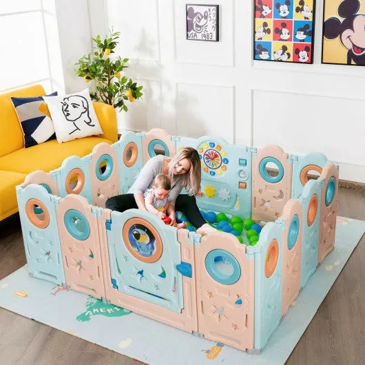 16-Panel Foldable Baby Safety Play Yard Playpen with Lockable Gate