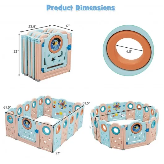 16-Panel Foldable Baby Safety Play Yard Playpen with Lockable Gate
