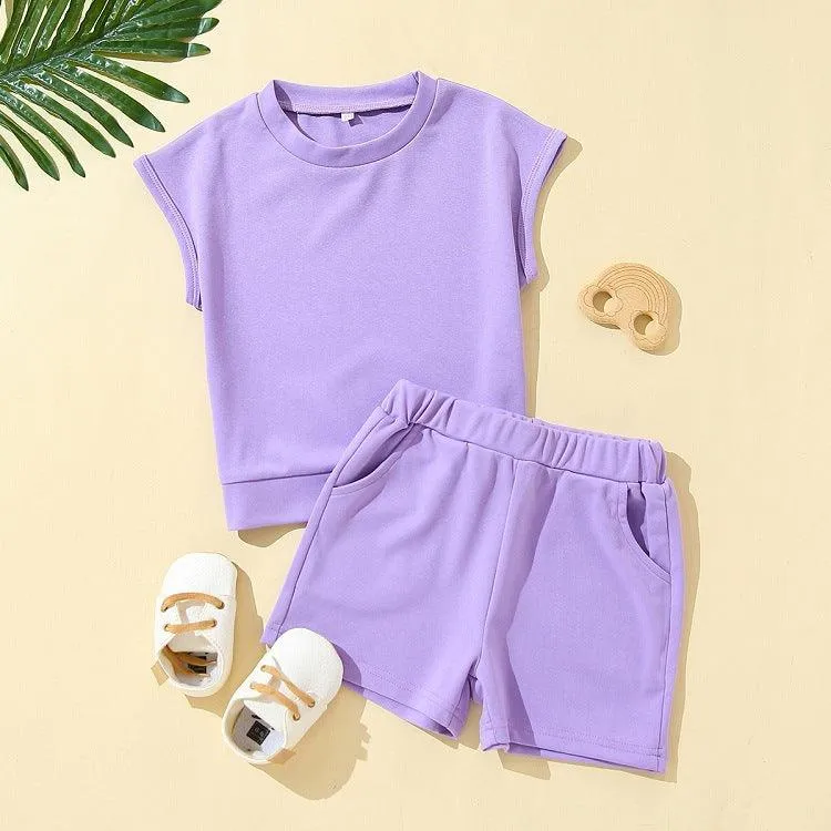 18M-6Y Toddler Girls Sets Solid Color Sleeveless Top & Shorts Wholesale Little Girl Clothing