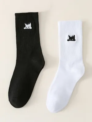 2pairs Black and White Cat Embroidered Crew Socks for Women Fun Socks Funky