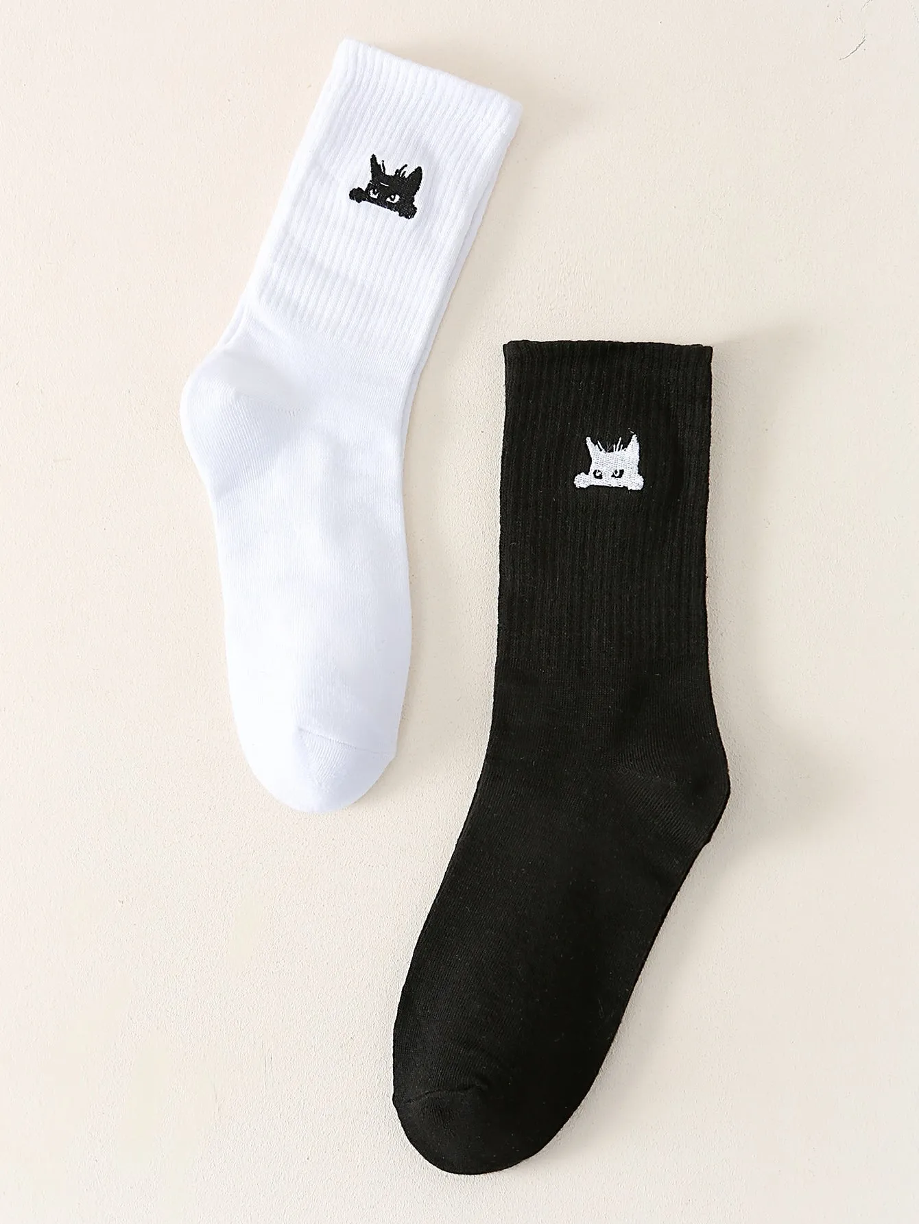 2pairs Black and White Cat Embroidered Crew Socks for Women Fun Socks Funky