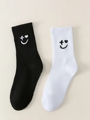 2pairs Cute Expression Embroidered Crew Socks for Women Cute Socks Novelty Socks