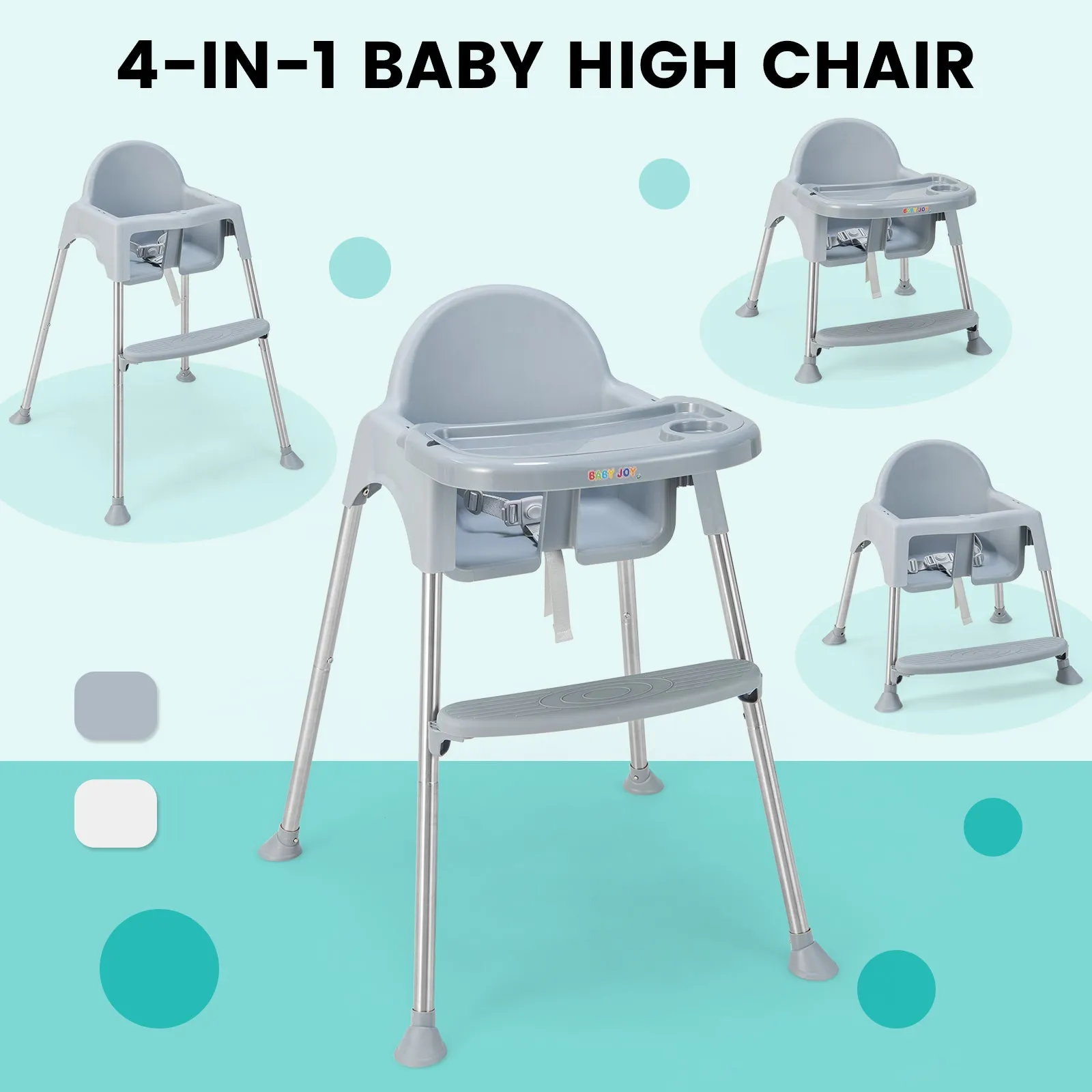 4 in 1 Adjustable Baby High Chair with Double Removable Tray-Grey