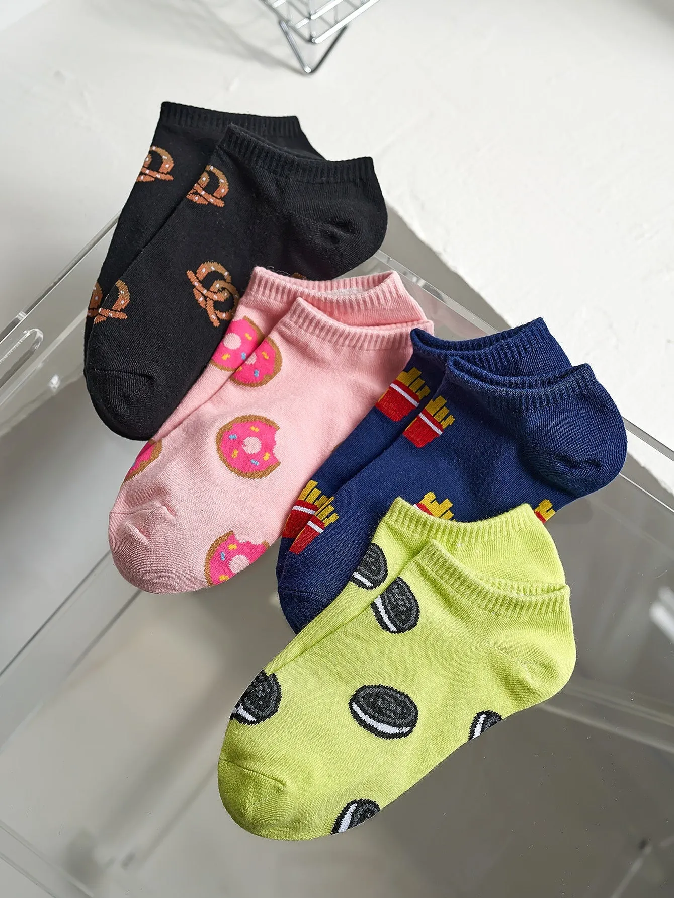 4pairs Pretzel Donut Fries Ankle Socks Silly Socks for Women Funky Socks Funny