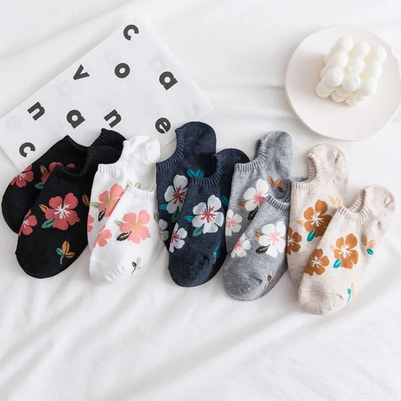 5 Pairs Women Floral Cotton Ankle Invisible Socks