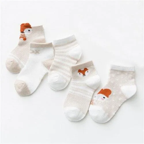 5Pairs Unisex Baby Cartoon Design Cotton Mesh Thin Socks