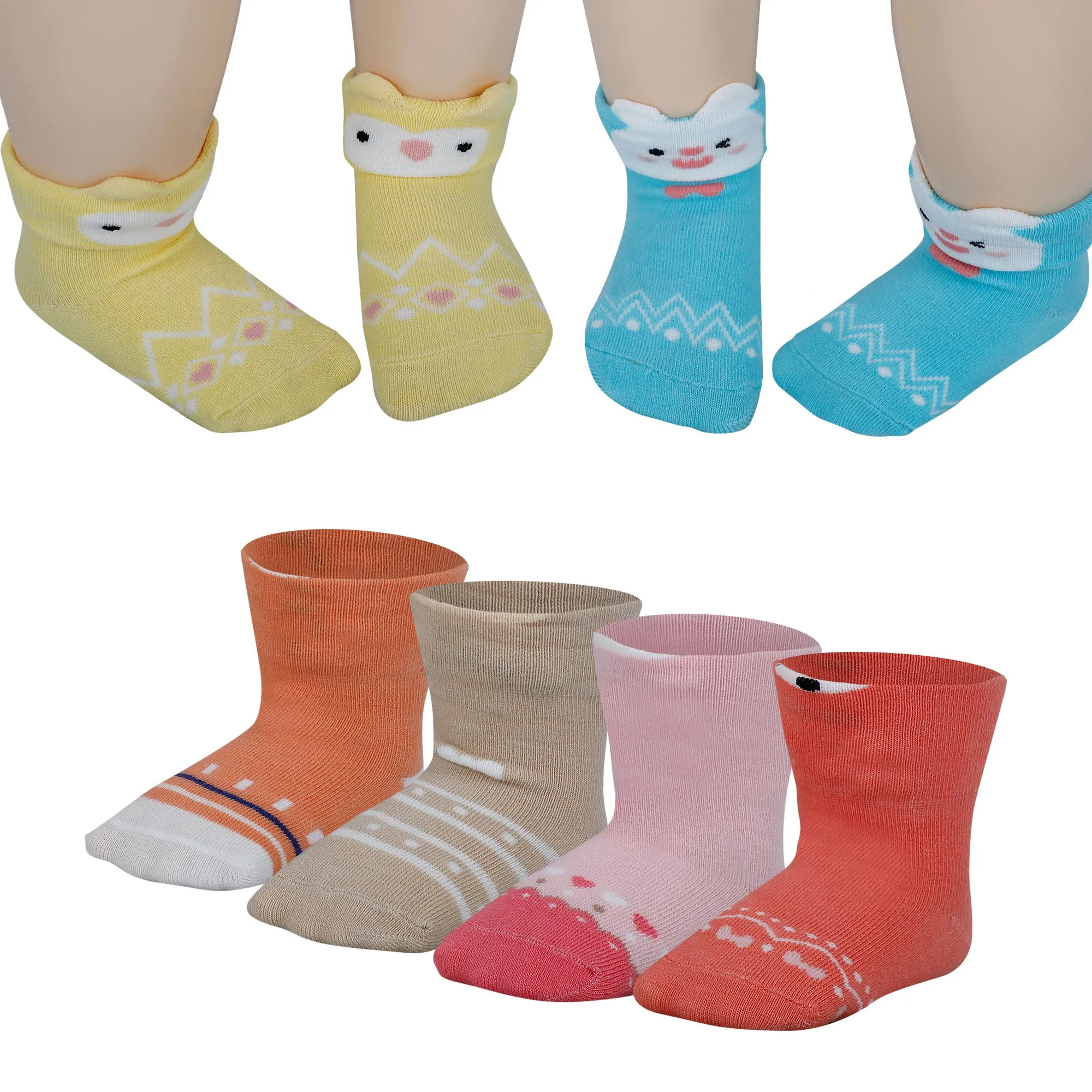 Baby Moo Animal 3D Anti-Skid Socks Booties Pack of 6 - Pink, Yellow