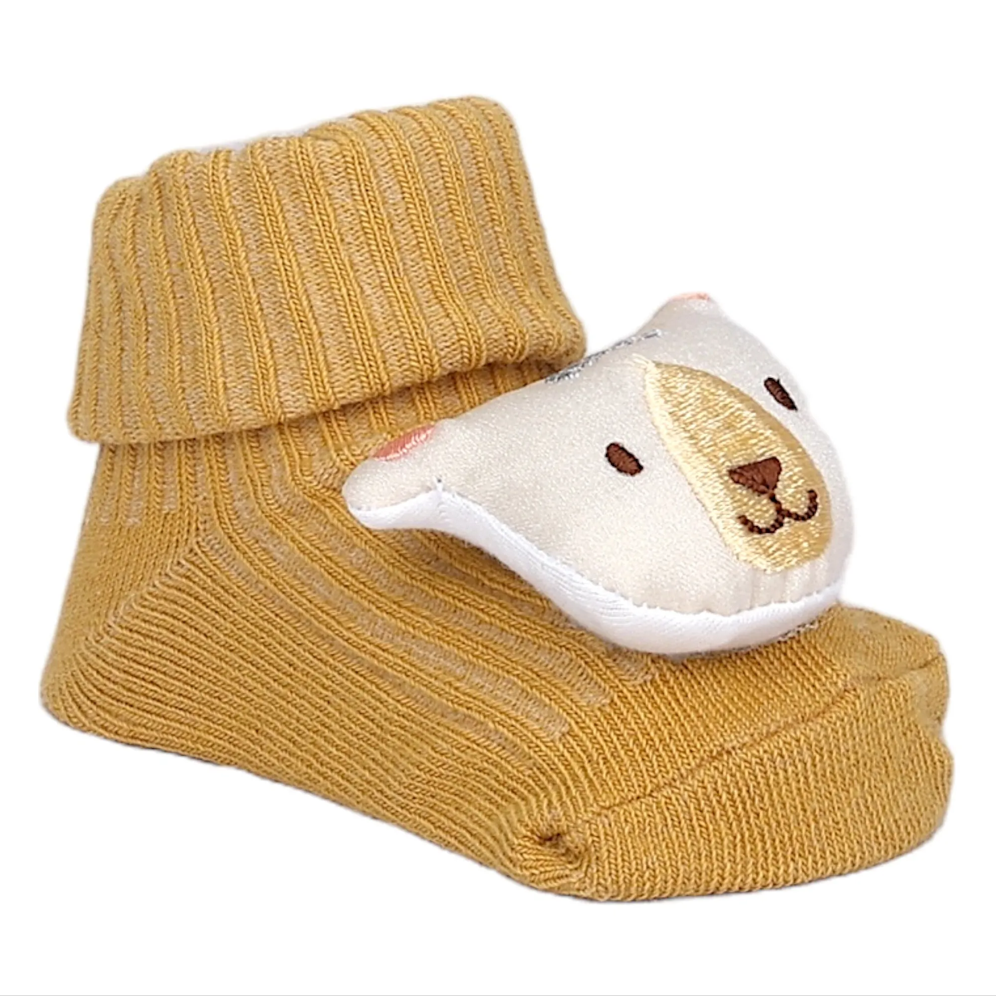 Baby Moo Bunny Fox Bear 3D Rattle Anti-Skid Socks Booties Pack of 3 - Mauve, Mustard