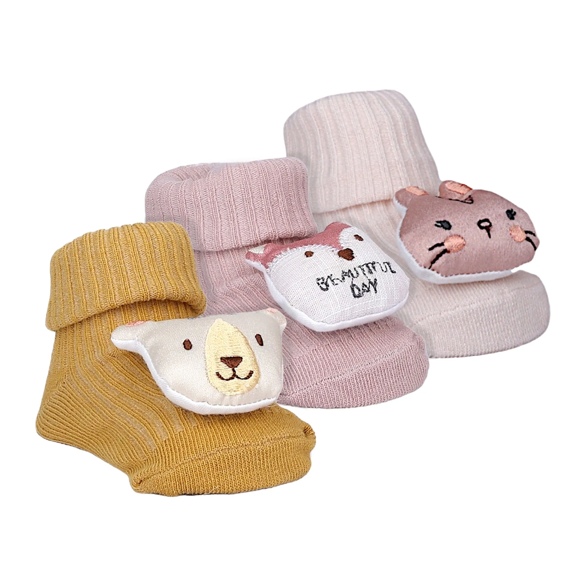 Baby Moo Bunny Fox Bear 3D Rattle Anti-Skid Socks Booties Pack of 3 - Mauve, Mustard