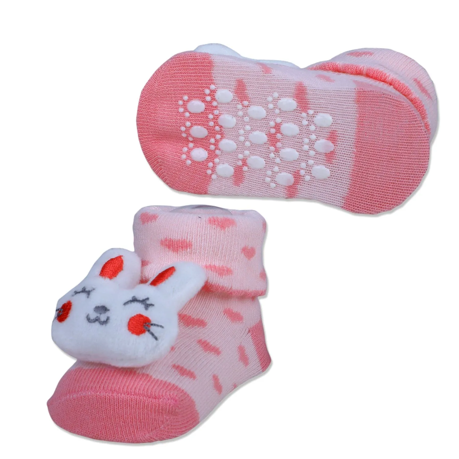 Baby Moo Bunny Heart Cotton Anti-Skid 3D Socks - Pink