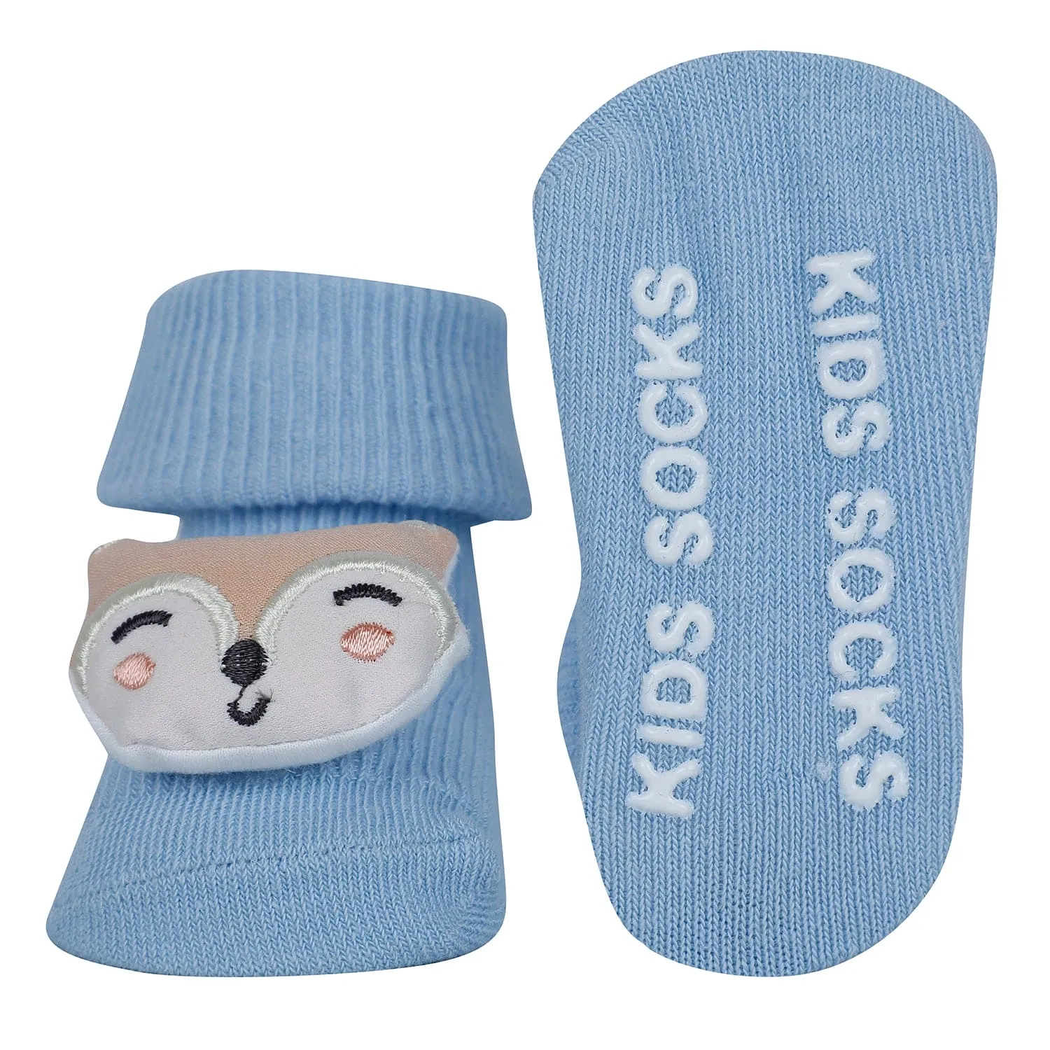 Baby Moo Deer And Cat 3D Rattle Anti-Skid Socks Booties Pack of 2 - Blue, Grey