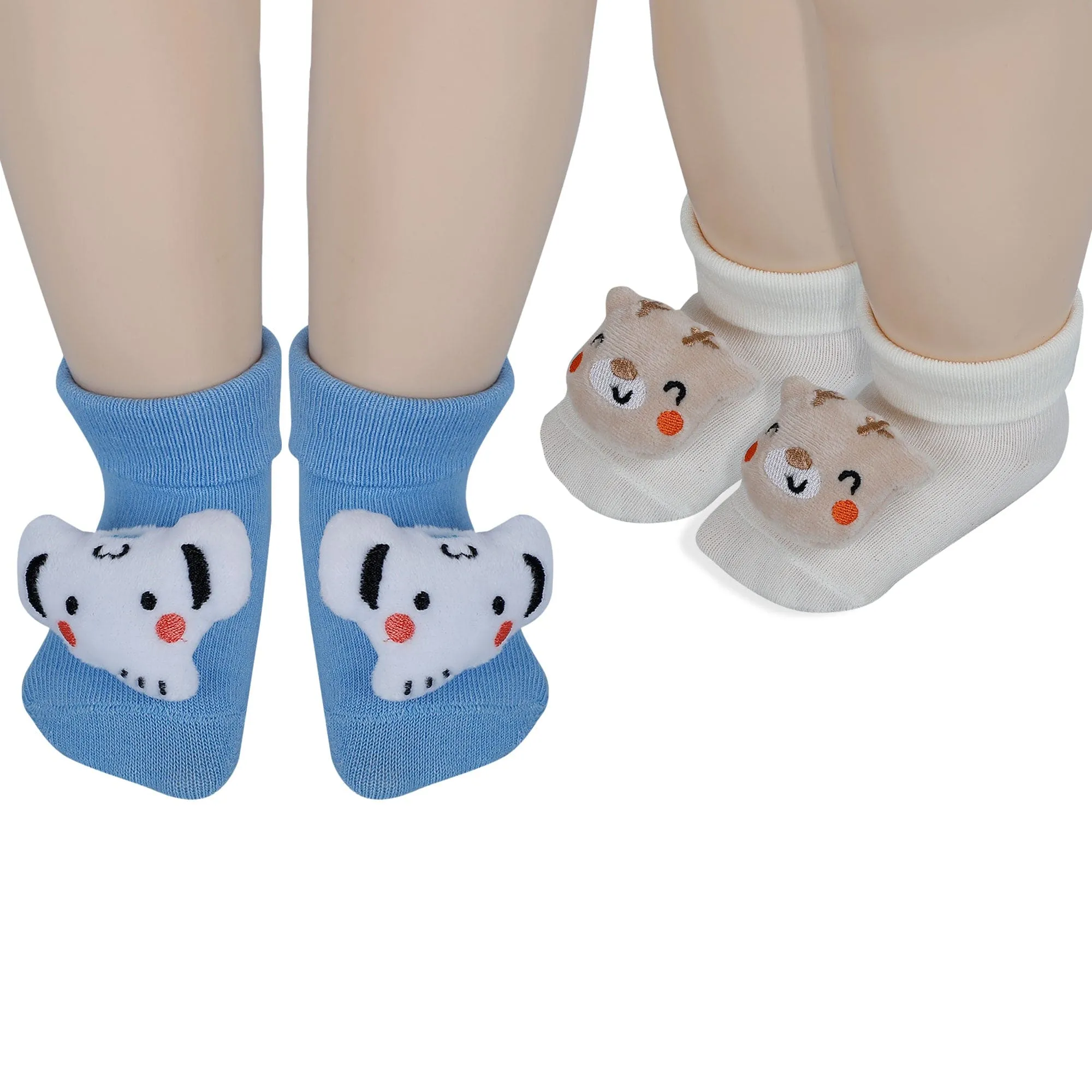 Baby Moo Elephant 3D Rattle Anti-Skid Socks Booties Pack of 2 - Blue, White