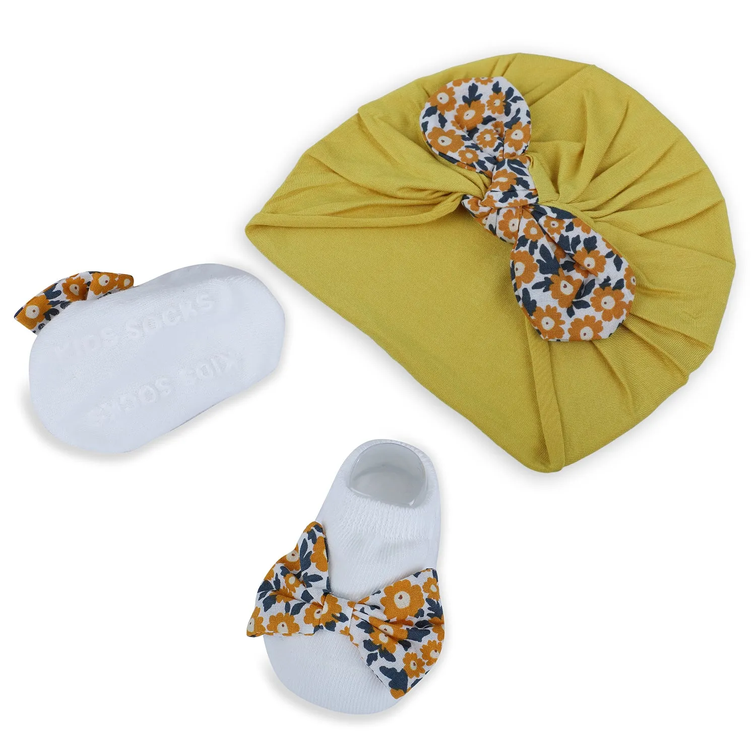 Baby Moo Floral Bow Matching Cap And Socks Set - Yellow