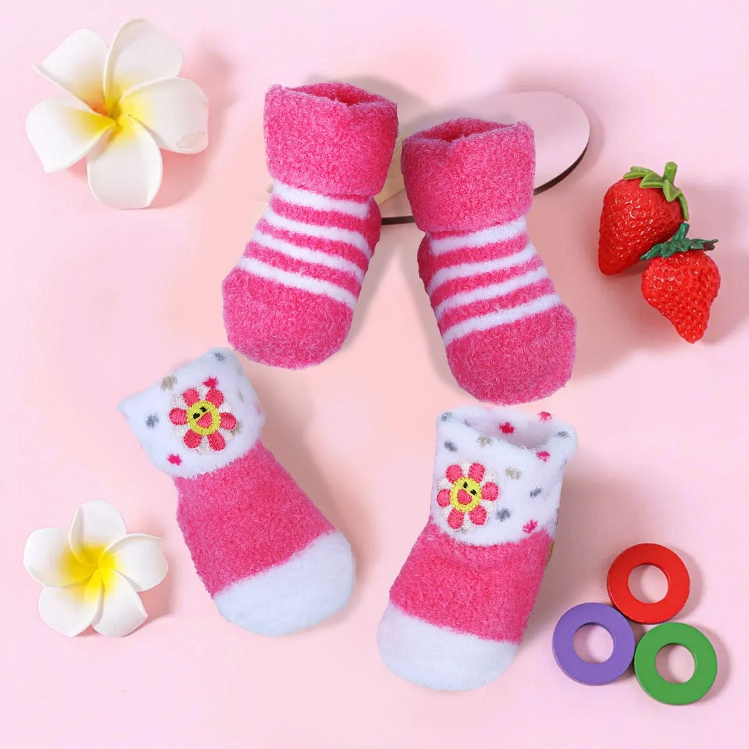 Baby Moo Floral Stripes Newborn Breathable Infant Cotton Socks - Pink