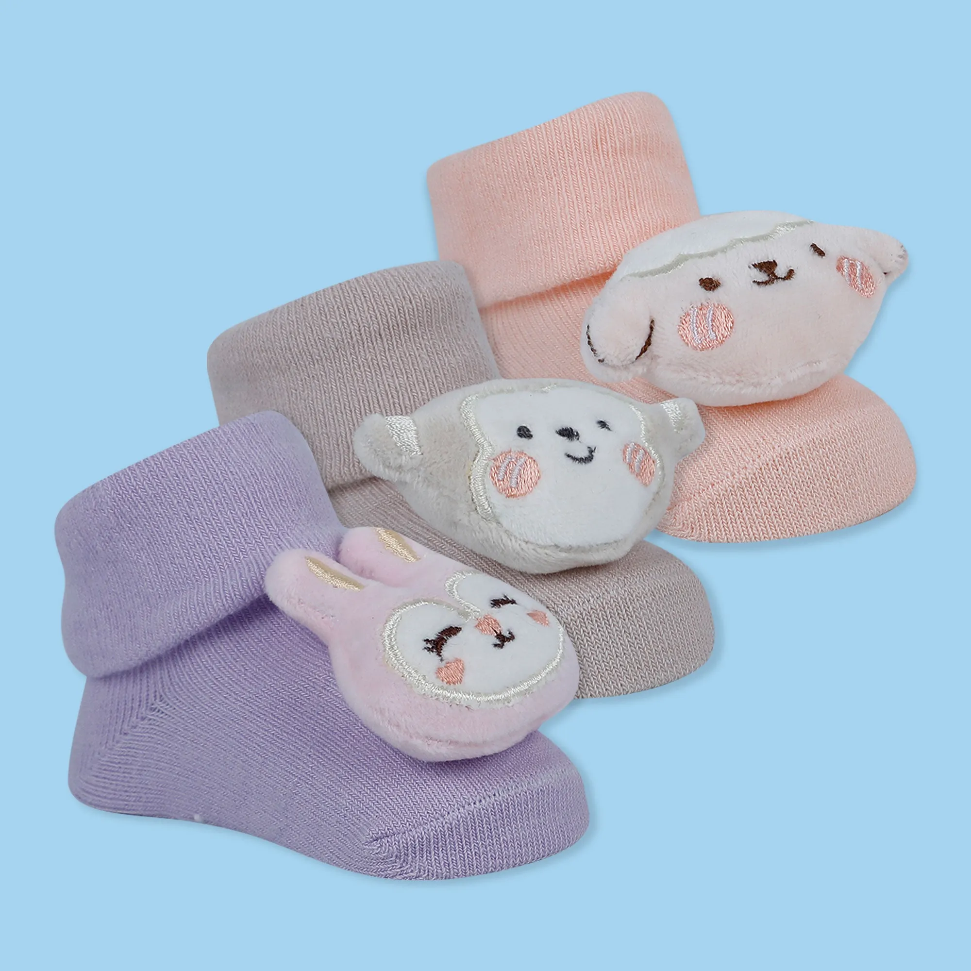 Baby Moo Monkey Bunny 3D Rattle Anti-Skid Socks Booties Pack of 3 - Purple