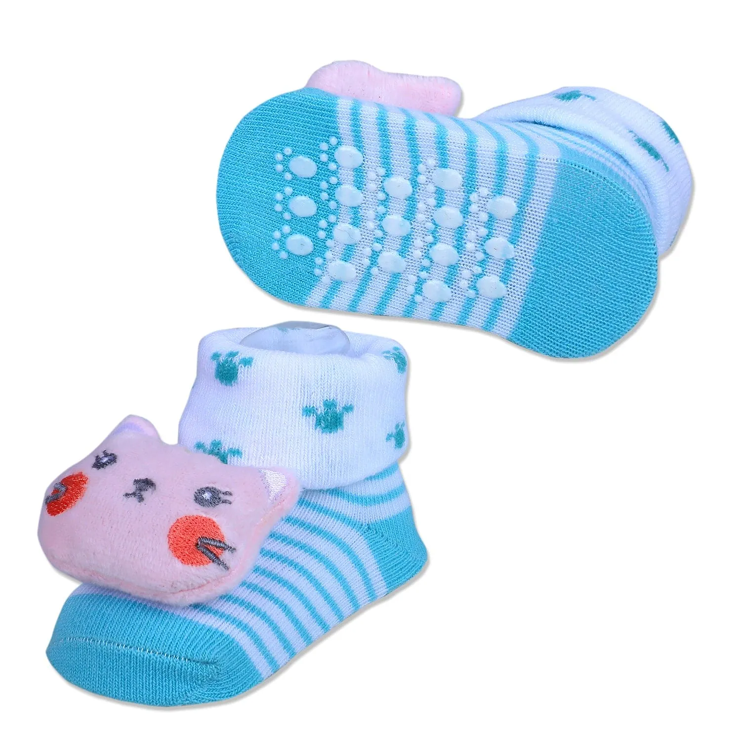 Baby Moo Naughty Cat Cotton Anti-Skid 3D Socks - Blue