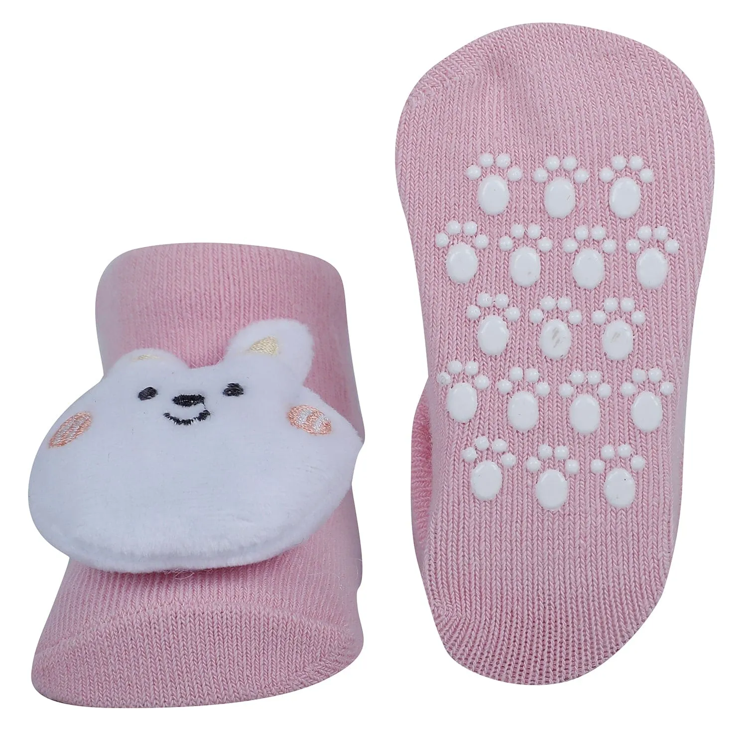 Baby Moo Penguin Cat Bunny 3D Rattle Anti-Skid Socks Booties Pack of 3 - Pink