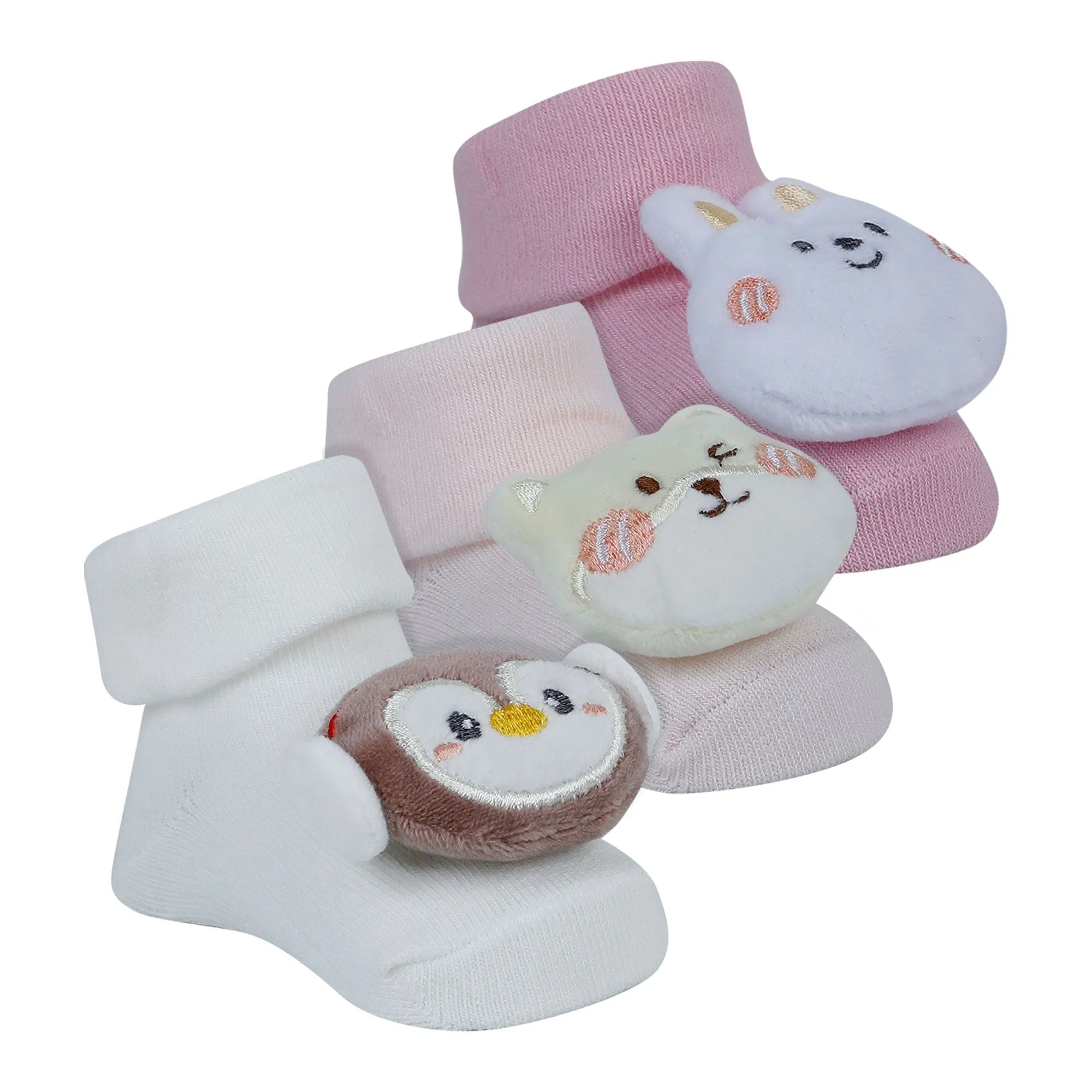 Baby Moo Penguin Cat Bunny 3D Rattle Anti-Skid Socks Booties Pack of 3 - Pink