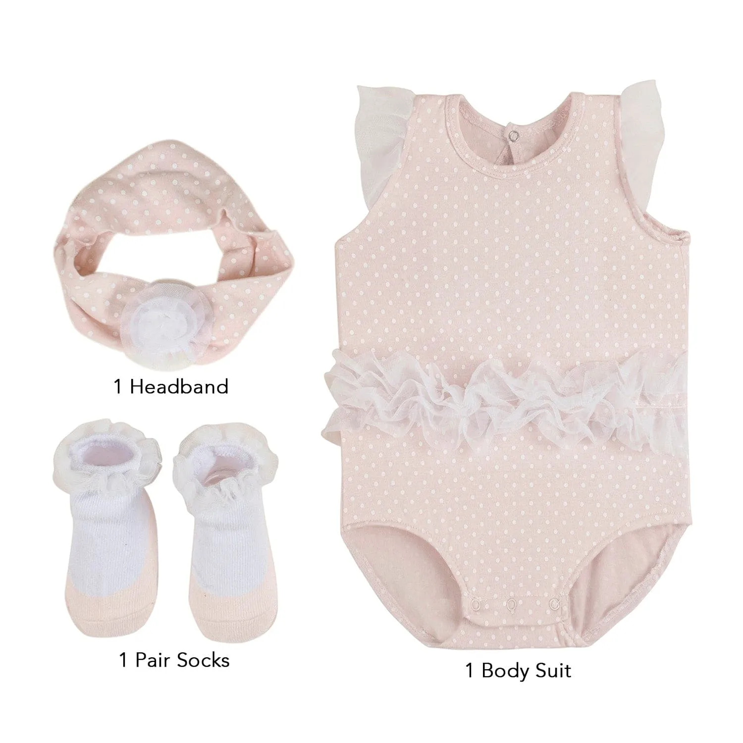 Baby Moo Polka Dotted Gift Set 3 Piece With Bodysuit, Socks And Headband - Peach