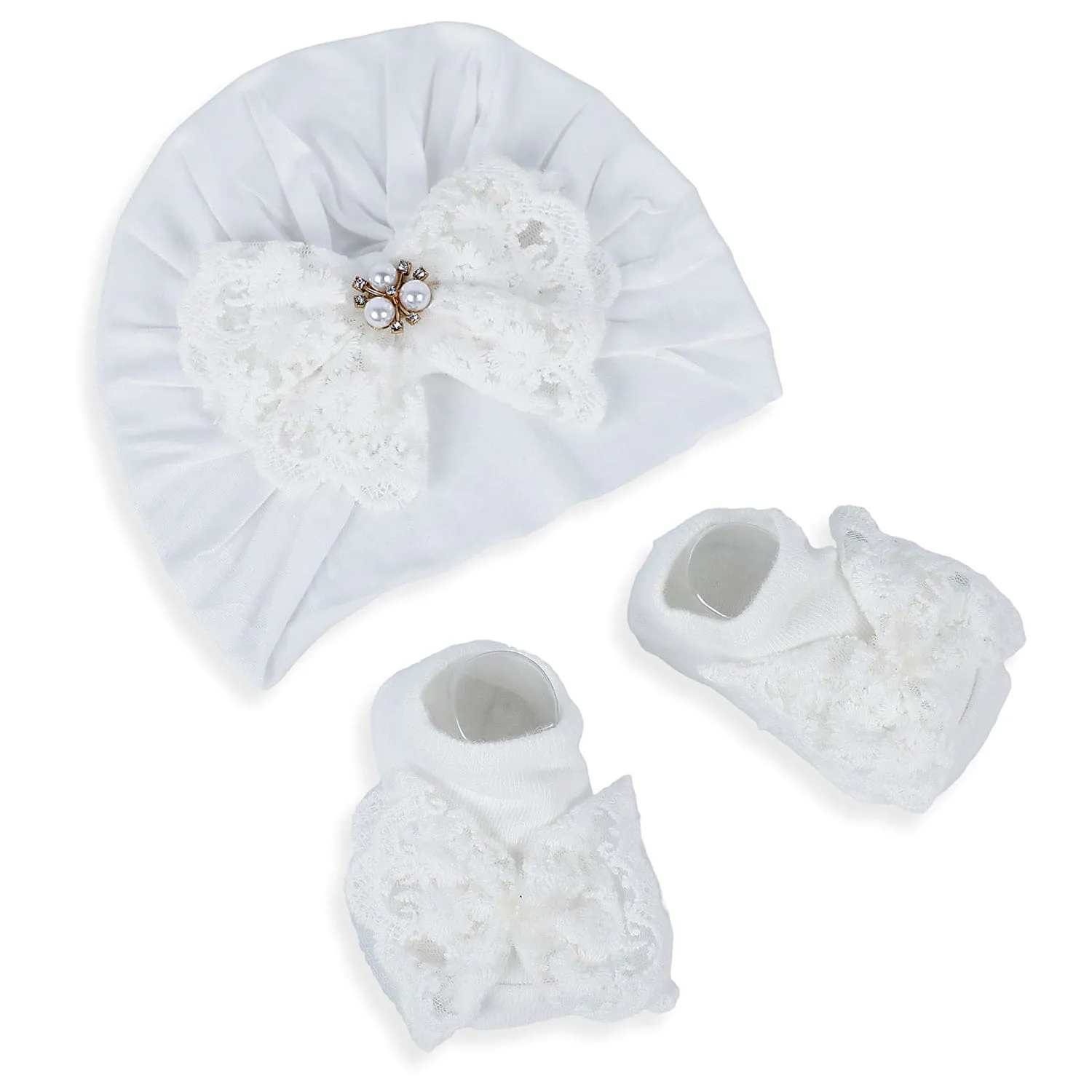 Baby Moo Royal Princess Bow Matching Socks And Cap Set - White