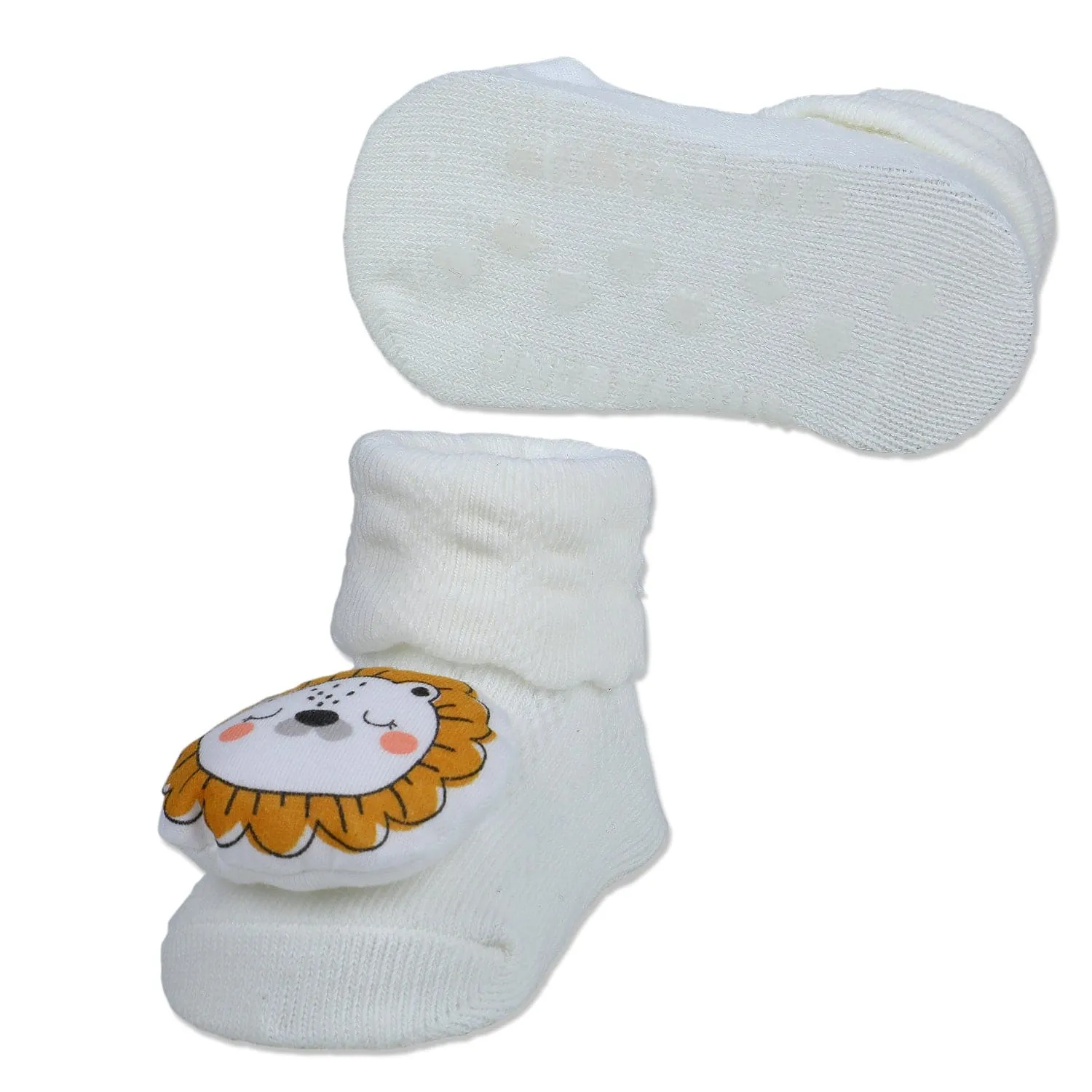 Baby Moo Sleepy Lion Cotton Anti-Skid 3D Socks - White