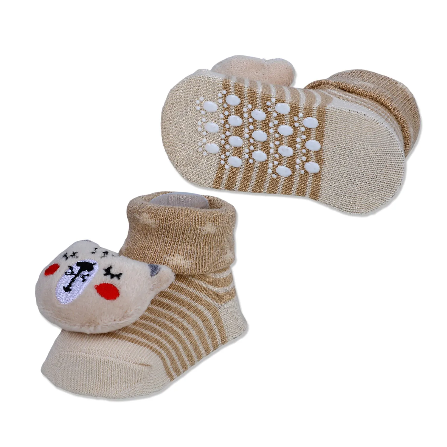 Baby Moo Snoozing Bear Cotton Anti-Skid 3D Socks - Beige