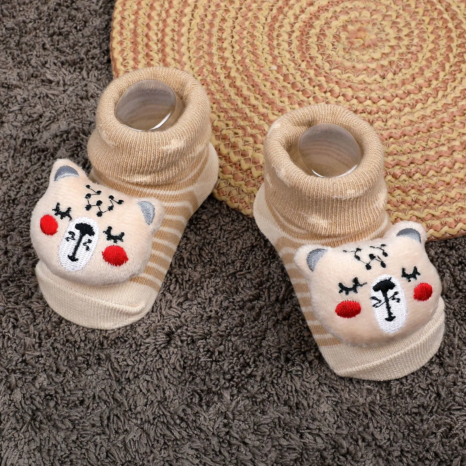 Baby Moo Snoozing Bear Cotton Anti-Skid 3D Socks - Beige