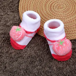 Baby Moo Strawberry Cotton Anti-Skid 3D Socks - Pink