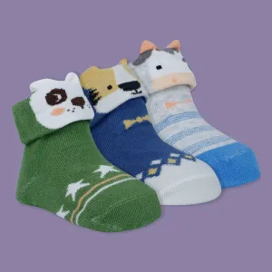 Baby Moo Tiger Cow 3D Anti-Skid Socks Booties Pack of 3 - Blue, Green