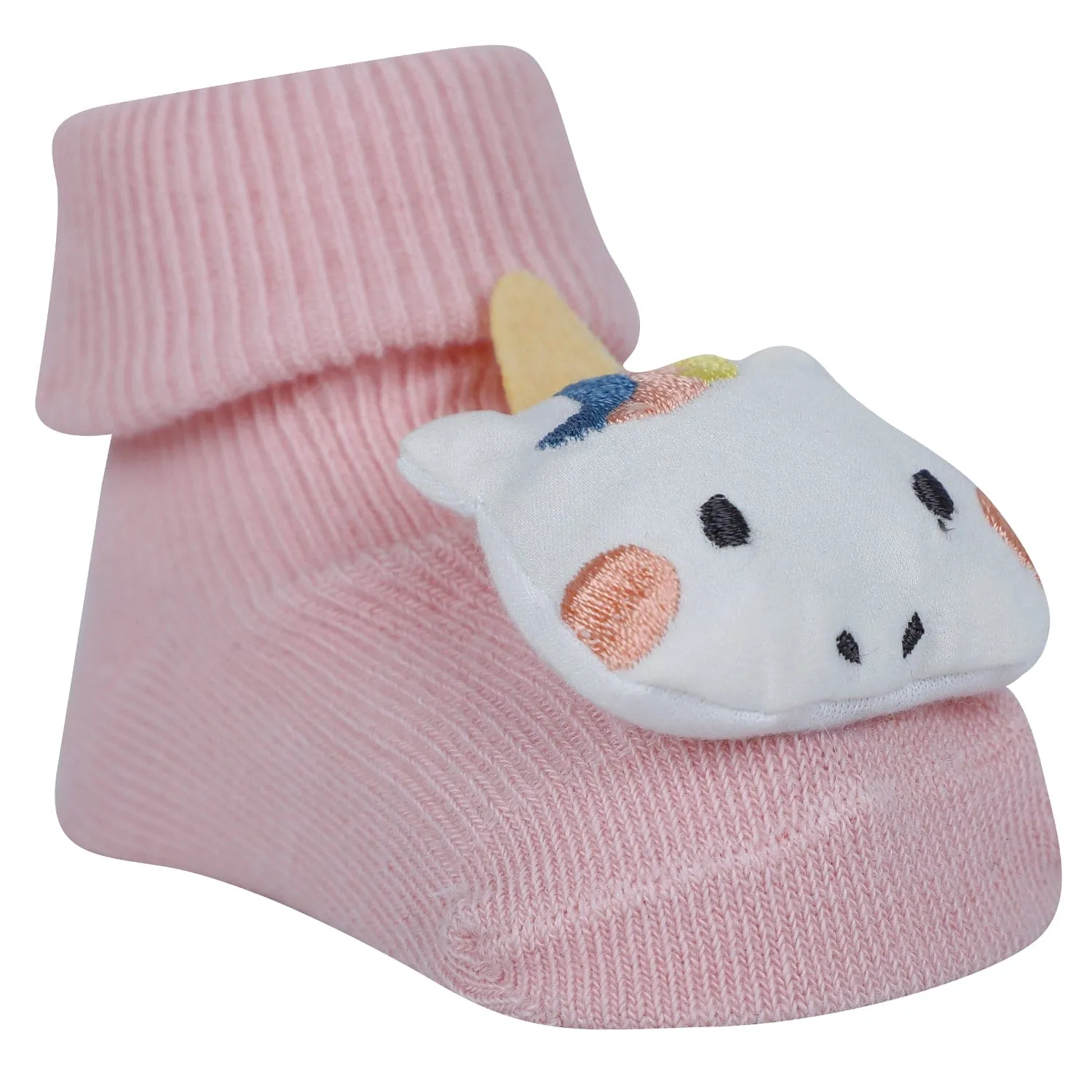 Baby Moo Unicorn 3D Rattle Anti-Skid Socks Booties Pack of 2 - Pink, Peach