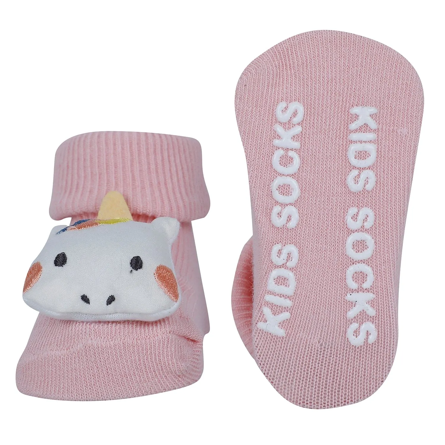 Baby Moo Unicorn 3D Rattle Anti-Skid Socks Booties Pack of 2 - Pink, Peach