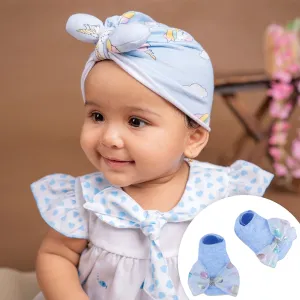 Baby Moo Unicorn Shiny Bow Matching Cap And Socks Set - Blue