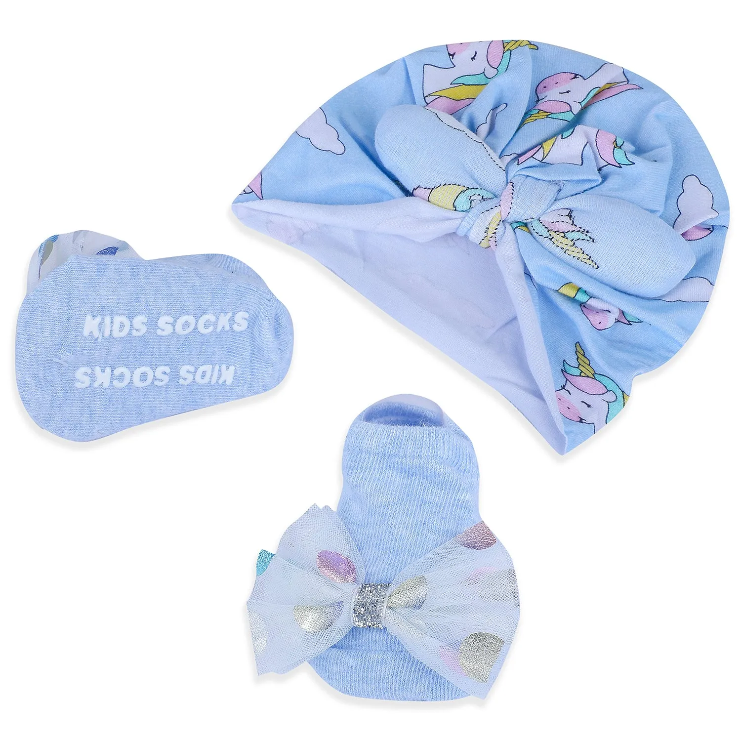 Baby Moo Unicorn Shiny Bow Matching Cap And Socks Set - Blue