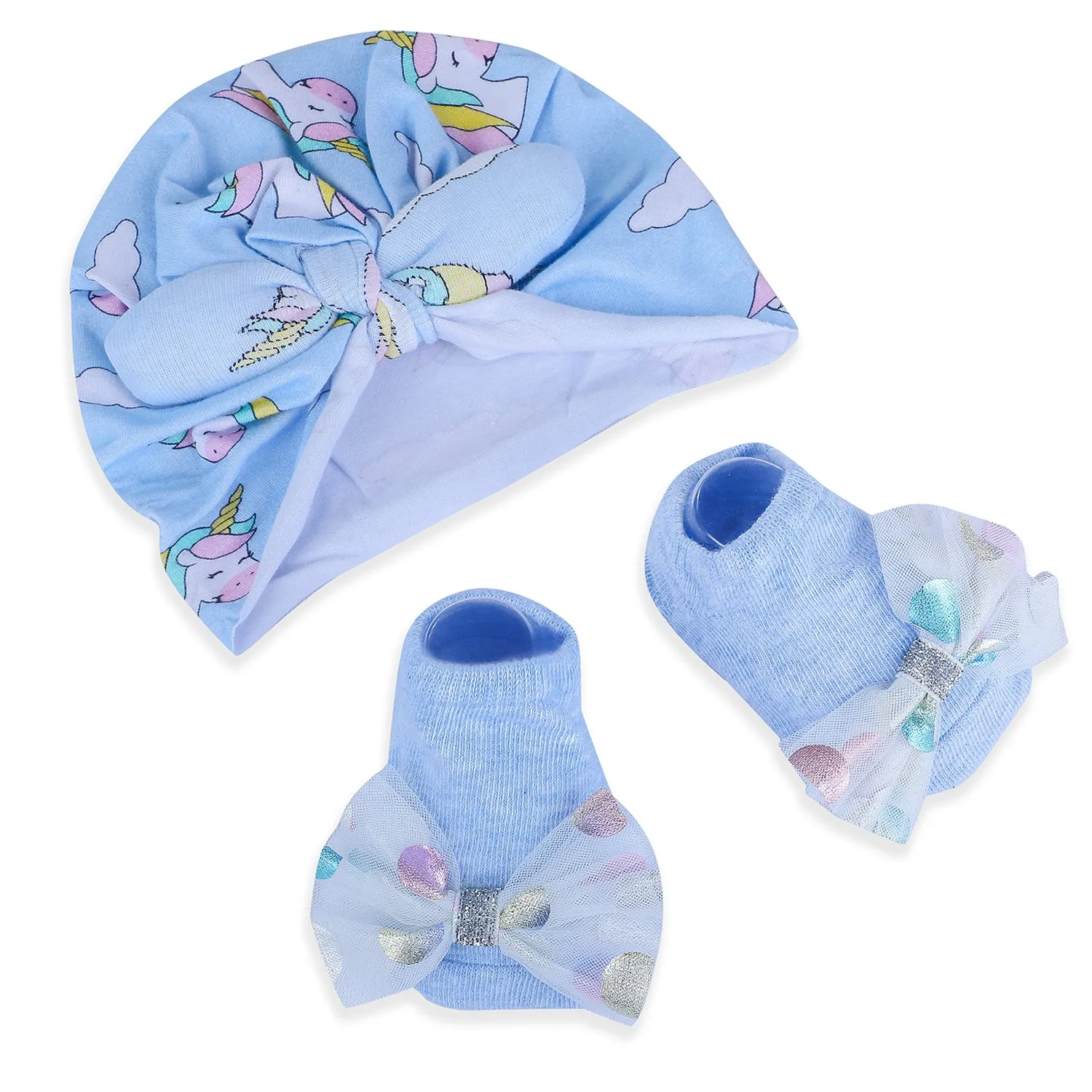 Baby Moo Unicorn Shiny Bow Matching Cap And Socks Set - Blue