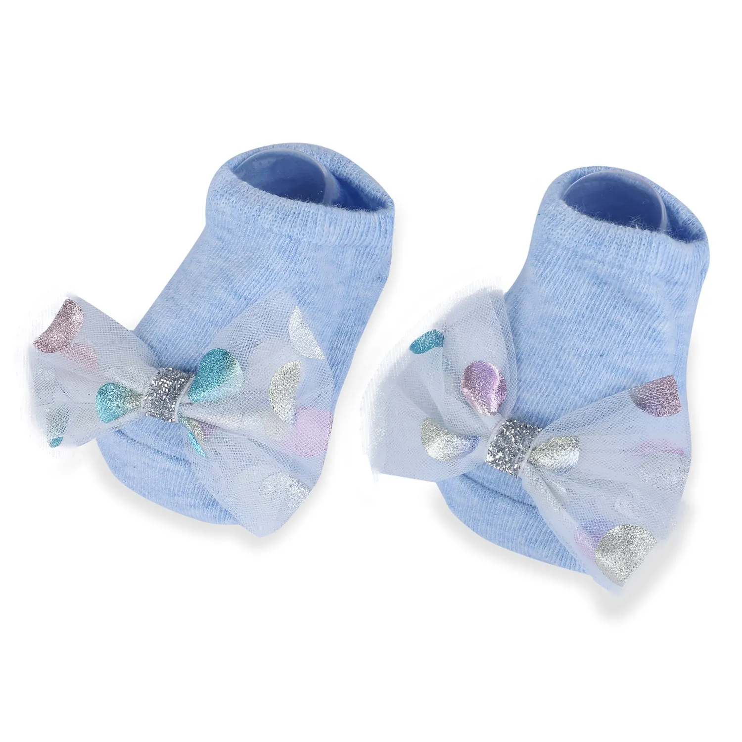 Baby Moo Unicorn Shiny Bow Matching Cap And Socks Set - Blue