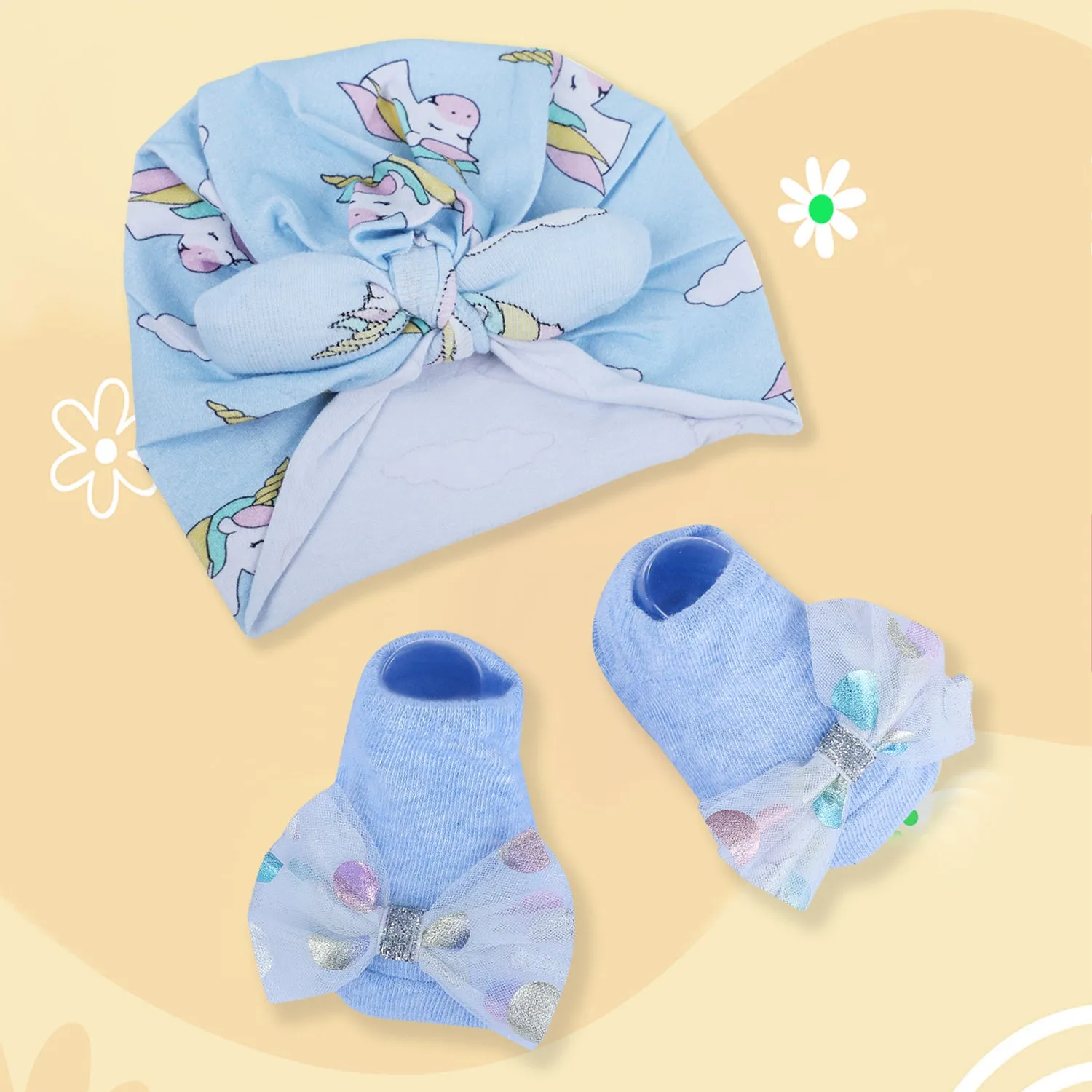 Baby Moo Unicorn Shiny Bow Matching Cap And Socks Set - Blue