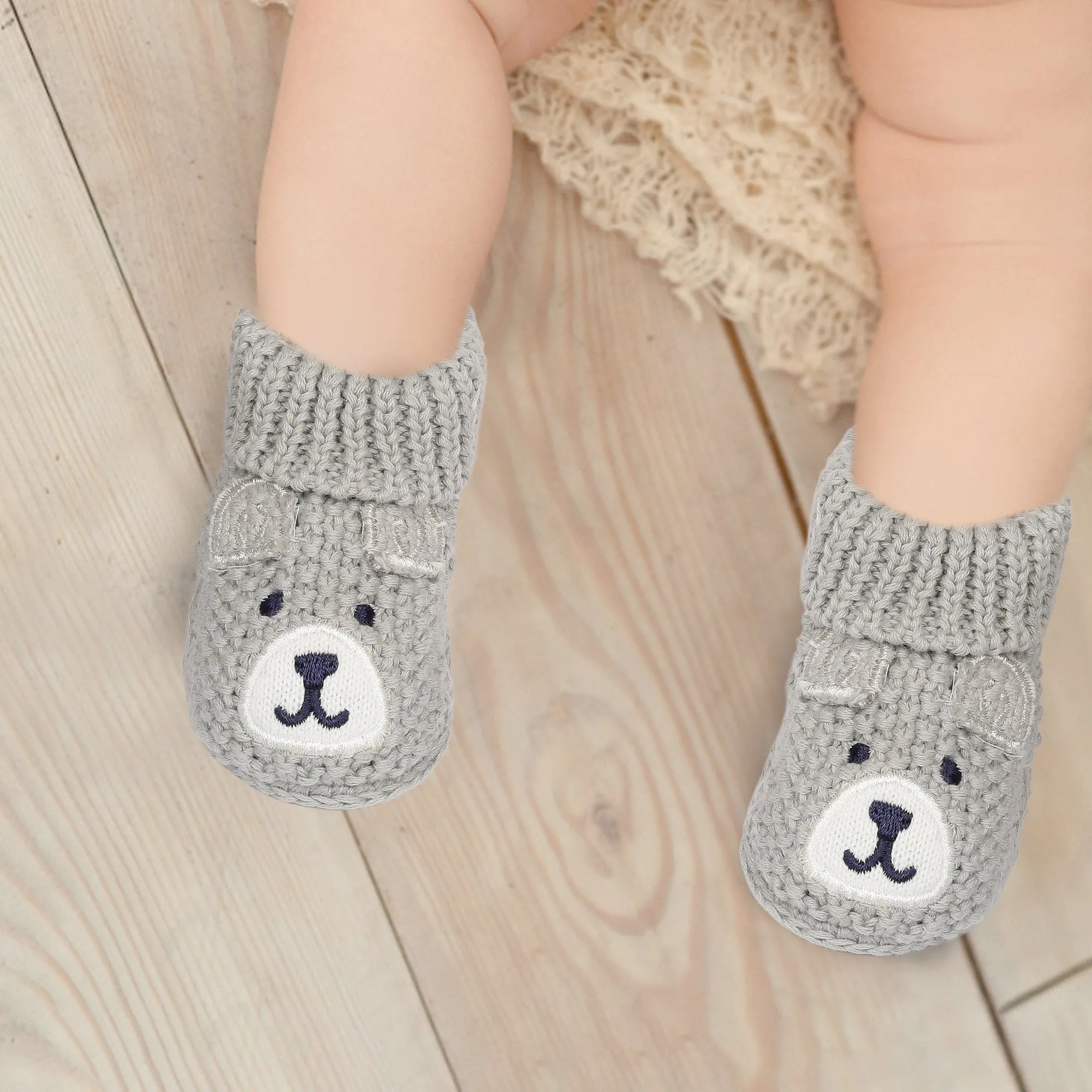 Cute Bear Newborn Crochet Socks Booties - Grey