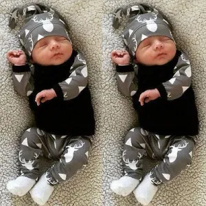 Cute Newborn Baby Clothing Set Deer Tops T-shirt Long Sleeve   Pants Casual Hat Cap 3pcs Outfits Set Autumn