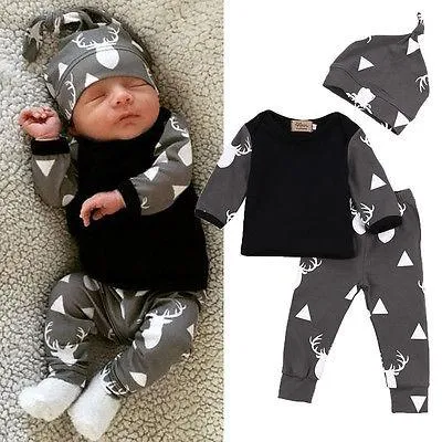 Cute Newborn Baby Clothing Set Deer Tops T-shirt Long Sleeve   Pants Casual Hat Cap 3pcs Outfits Set Autumn