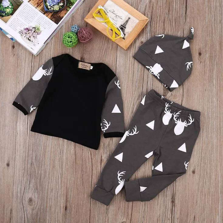 Cute Newborn Baby Clothing Set Deer Tops T-shirt Long Sleeve   Pants Casual Hat Cap 3pcs Outfits Set Autumn