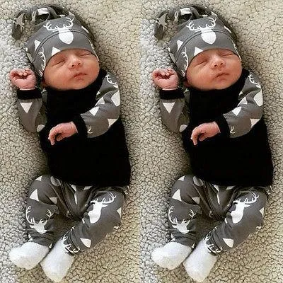 Cute Newborn Baby Clothing Set Deer Tops T-shirt Long Sleeve   Pants Casual Hat Cap 3pcs Outfits Set Autumn