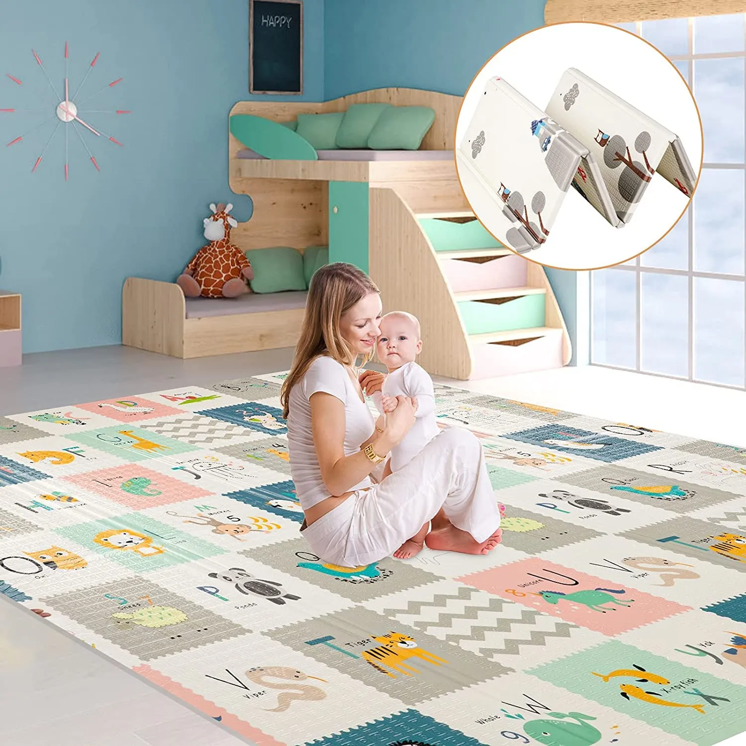 Deoxys Baby Play Mat-Extra Large 77"X70"-Anti-Slip&Waterproof-Foldable Play Mat for Baby (0-3 ),Double Sided,2 Designs to Improve Learning&Focus,Thick Foam Mat for Kids,Multicolor