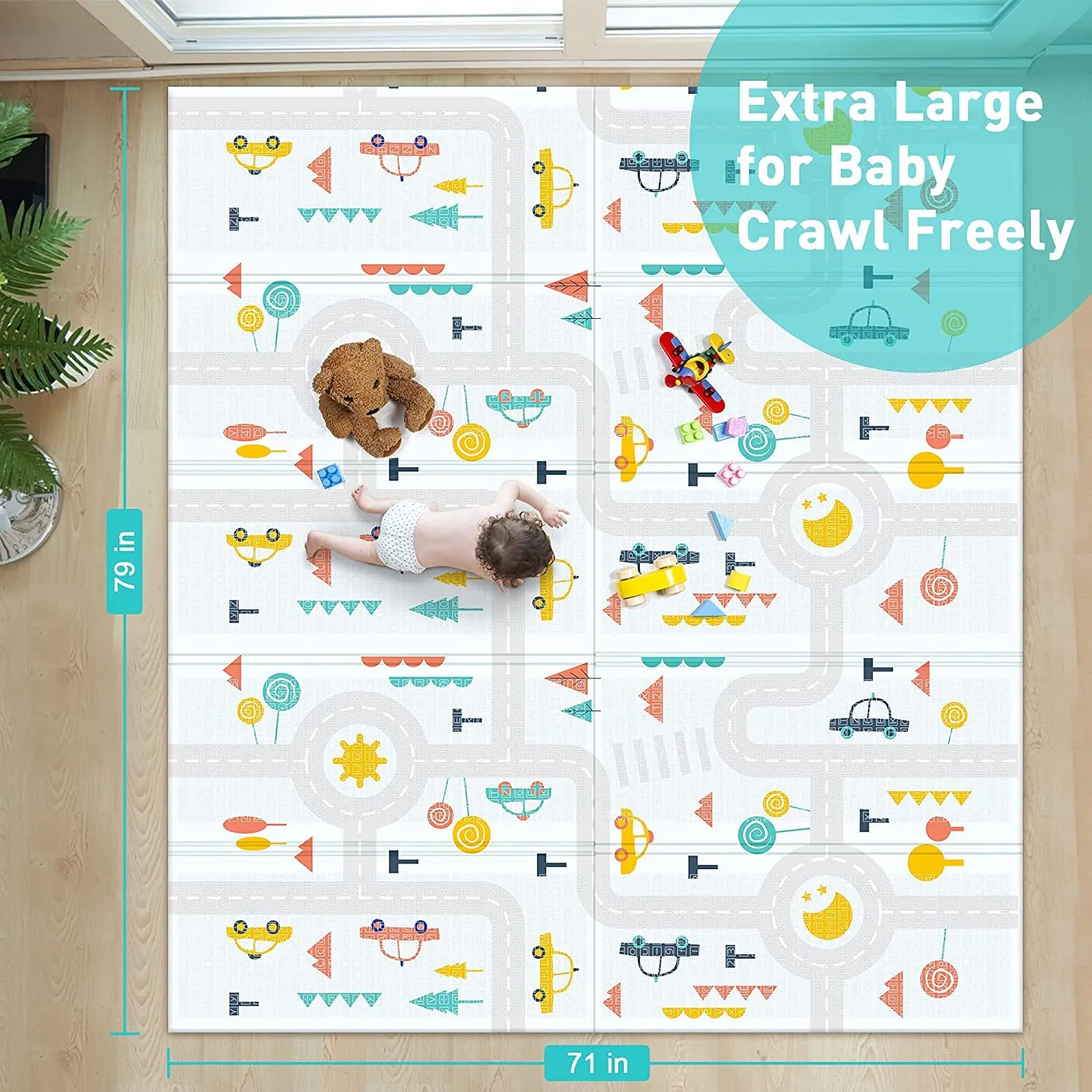 Deoxys Baby Play Mat-Extra Large 77"X70"-Anti-Slip&Waterproof-Foldable Play Mat for Baby (0-3 ),Double Sided,2 Designs to Improve Learning&Focus,Thick Foam Mat for Kids,Multicolor