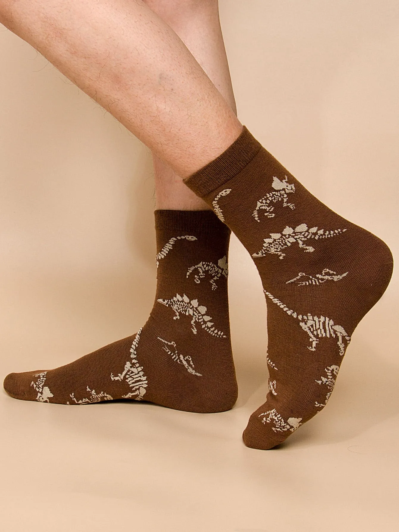 Dinosaur Pattern Brown Crew Socks Funny Socks for Men Novelty Socks Funky Socks