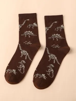 Dinosaur Pattern Brown Crew Socks Funny Socks for Men Novelty Socks Funky Socks