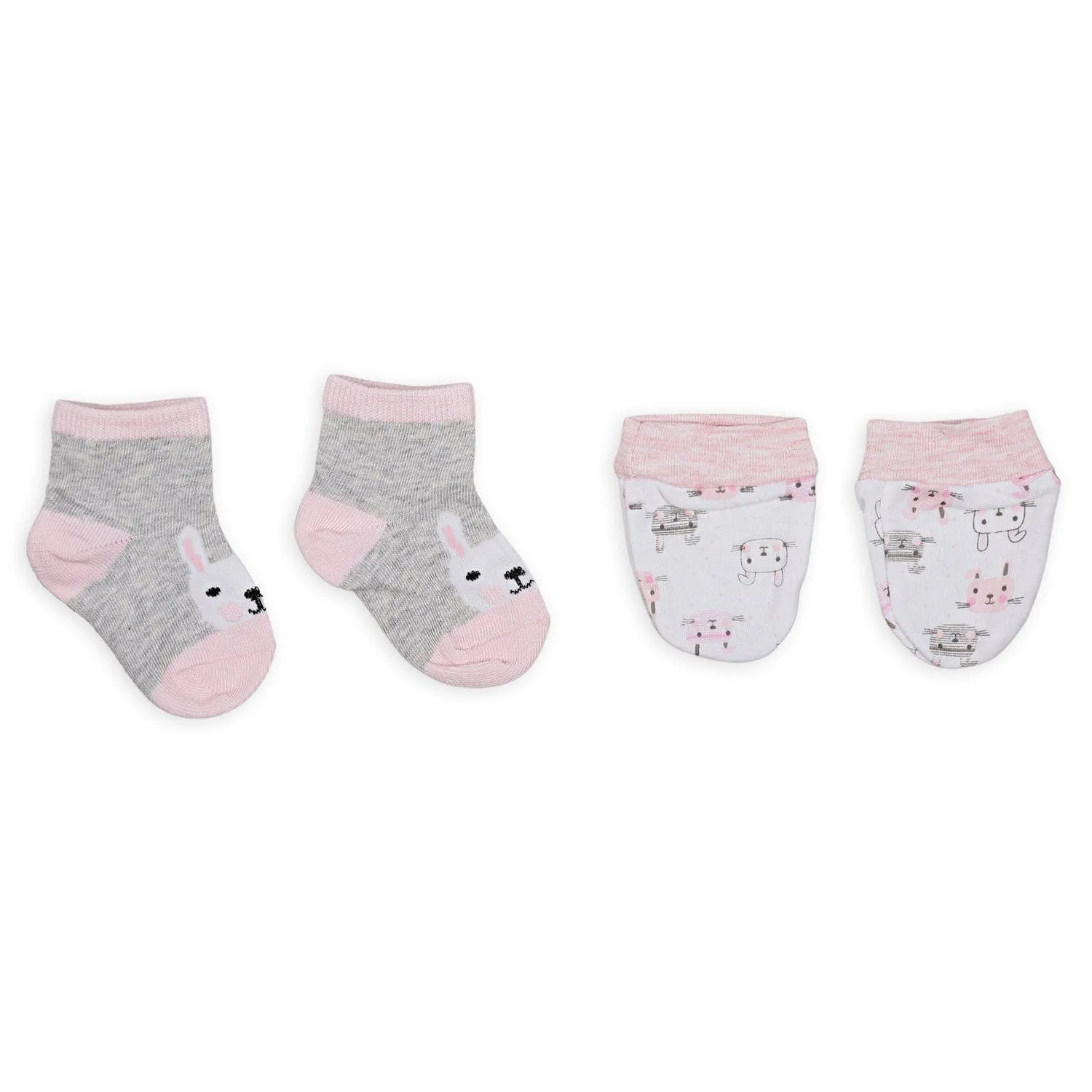 Feeding Bibs Socks And Mittens Set Of 3 Rabbit Printed Peach