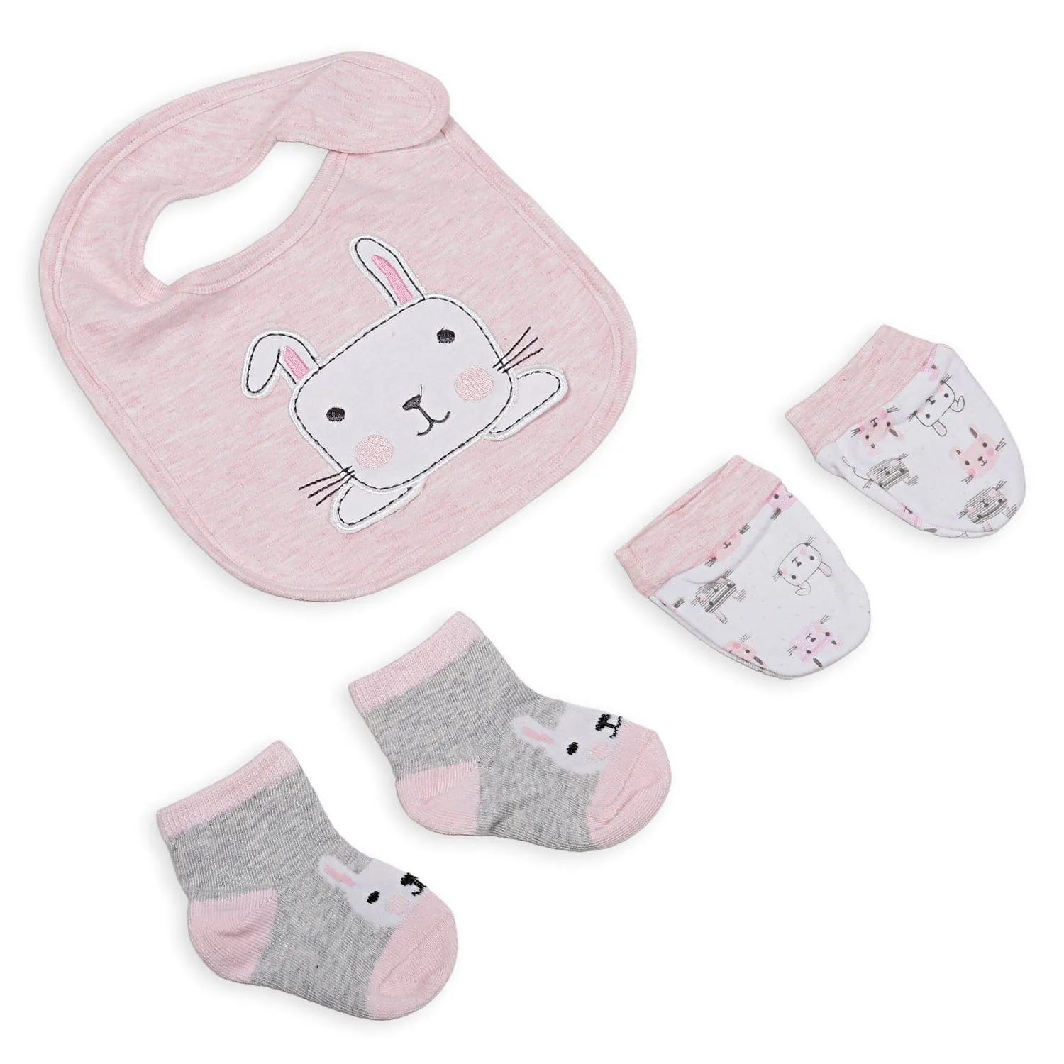 Feeding Bibs Socks And Mittens Set Of 3 Rabbit Printed Peach