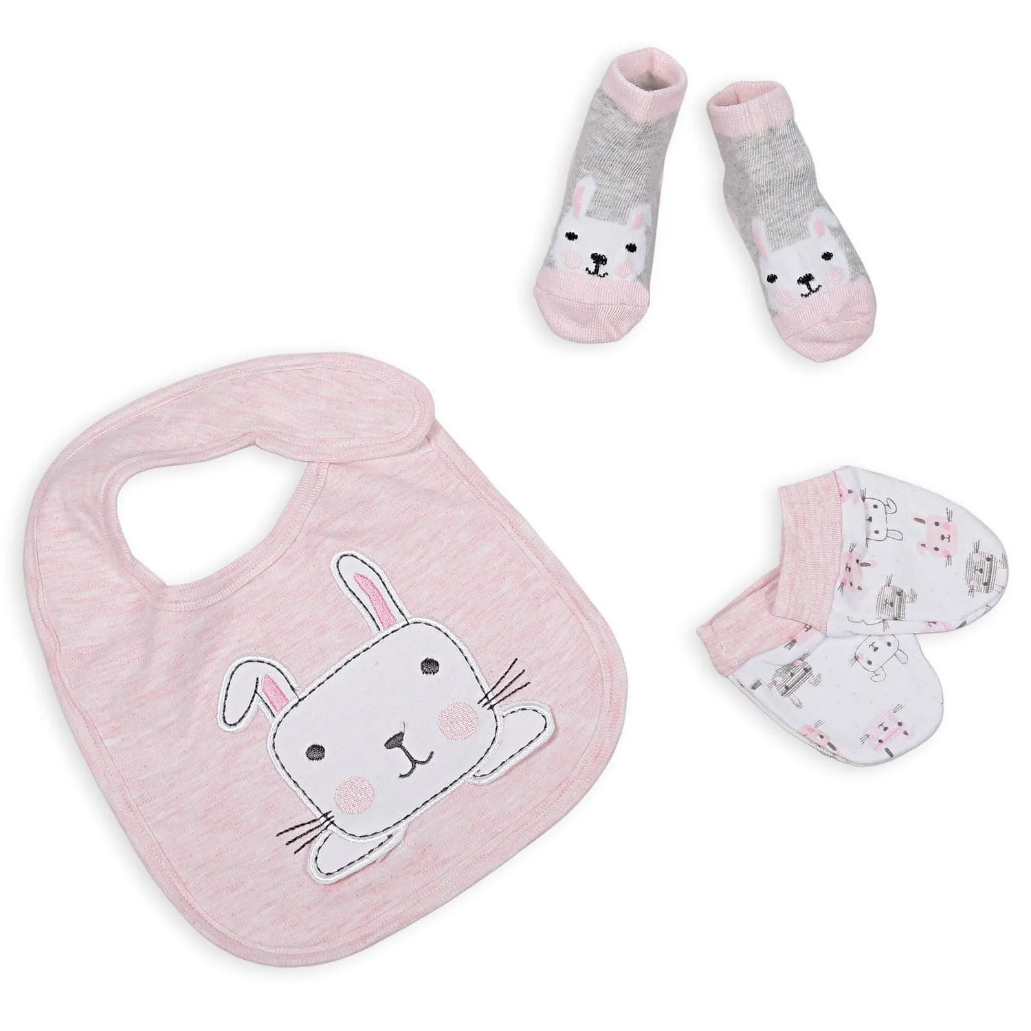 Feeding Bibs Socks And Mittens Set Of 3 Rabbit Printed Peach